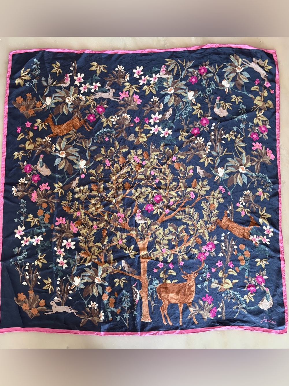 Joules “Enchanted Woodland” 100% Silk Scarf, Rolled Hem 24x24